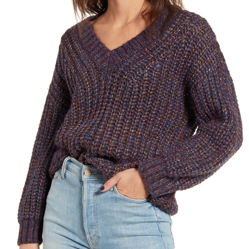 Cotton Emporium Metallic Shaker Stitch Sweater Small Knit Long Sleeve V-Neck NEW